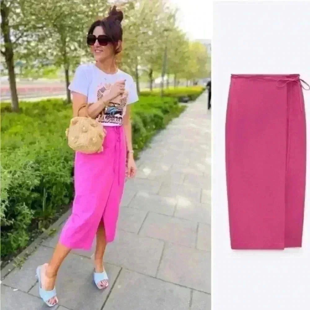 Zara Pink Linen Blend Midi Skirt Size - Picture 6 of 10